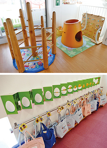 （上）木育の一環として設置されている遊具（下） 創造性あふれるイラストが園児の感性を刺激する