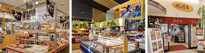 地域の農産品がずらりと並ぶ(左)、伊達鶏を前面に……(中)、レストランやカフェも(右)