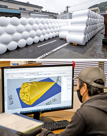 （上）養殖用のブイの基材　（下）3D造形物を得意とする