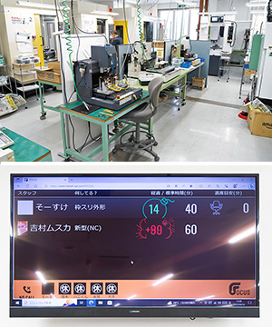 （上）多数のマシニングセンタが稼働、（下）工場では大型スクリーンで作業の進捗を見える化