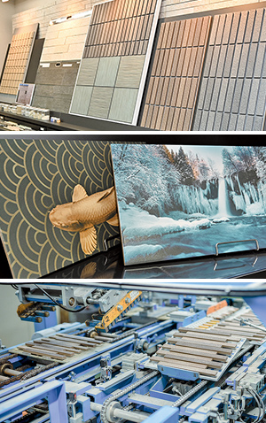 上から、タイル展示スペース、デジタル加飾技術、製造ライン