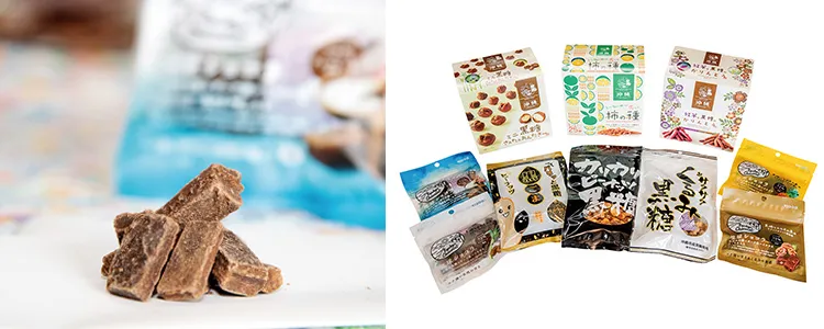 夏場でも常温流通可能な「琉球ショコラ」（左）、黒糖菓子や豆菓子など約20 種類を製造販売（右）